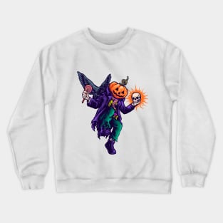 Halloween pumpkin head man with skull in hand Crewneck Sweatshirt